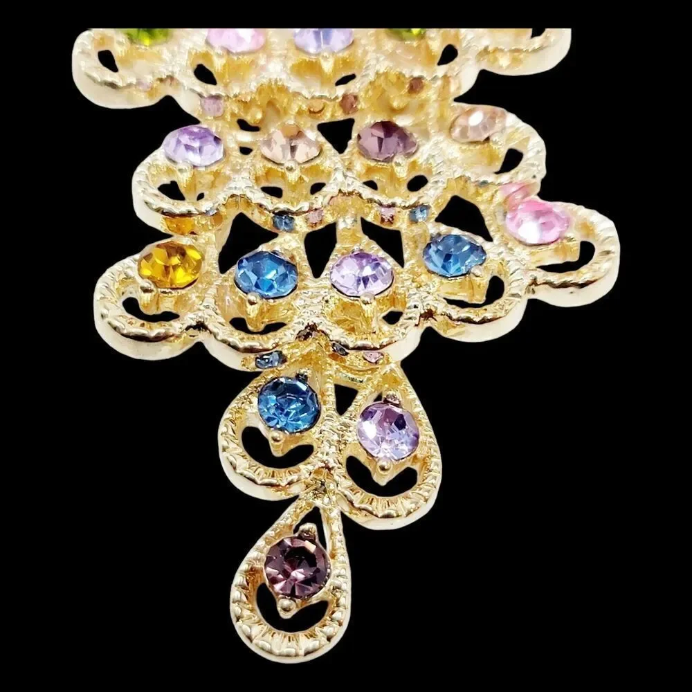 Beautifull Large Gold‎ Peacock With Multi-Colored Rhinestones Brooch Pin Pendant
